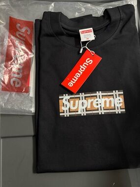 Supreme Black Tee with Tan Plaid Box Logo